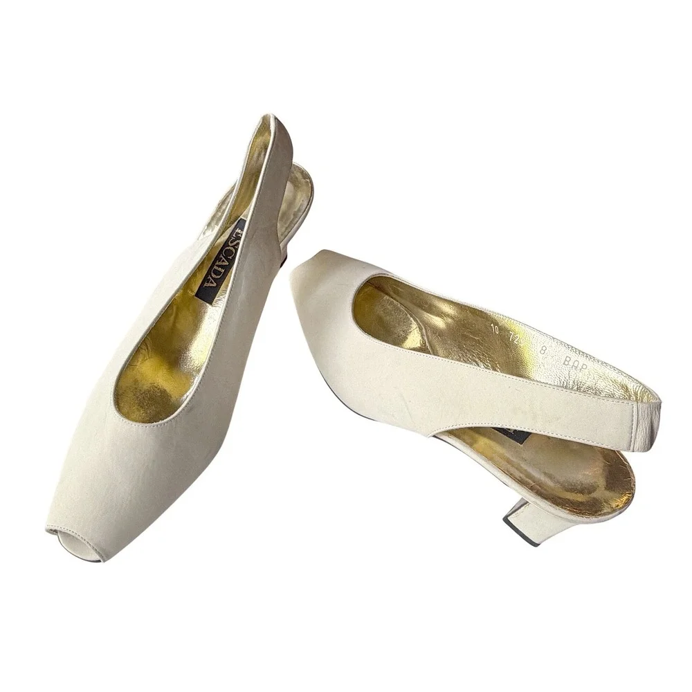 Escada Vintage Designer Peep Toe Slingback Cream Leather Heels Made Italy 8